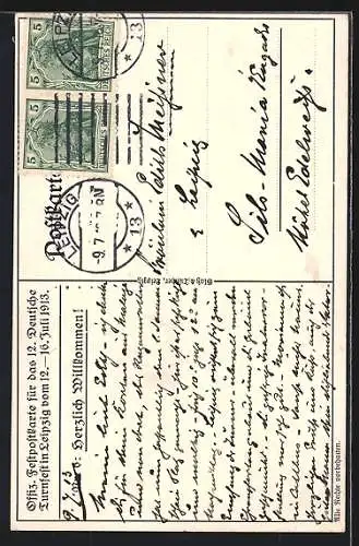 Künstler-AK Leipzig, XII. Deutsches Turnfest 1913, Herzlich Willkommen!, Turnerin mit Keulen