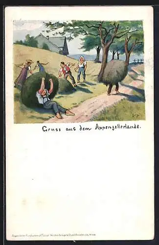 Lithographie Schweiz, Gruss aus dem Appenzellerlande, Heuernte