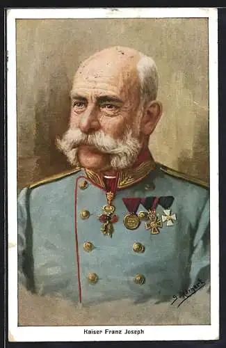 Künstler-AK S. Hornert: Kaiser Franz Josef I. von Österreich in blauer Uniform mit Orden