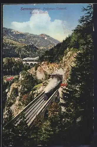 AK Semmering /Kalte Rinne, Eisenbahn fährt aus dem Polleros-Tunnel