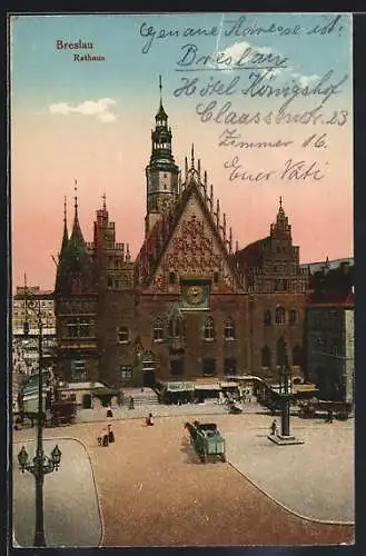 AK Breslau, Strassenpartie mit Rathaus