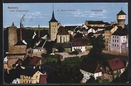 AK Bautzen, Ortsansicht mit Wasserturm, Micheliskirche u. Ordensburg