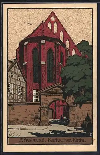 Steindruck-AK Stralsund, Die Katharinen-Kirche