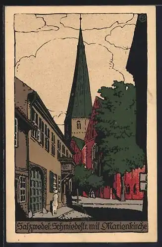 Steindruck-AK Salzwedel, Schmiedestrasse mit Marienkirche