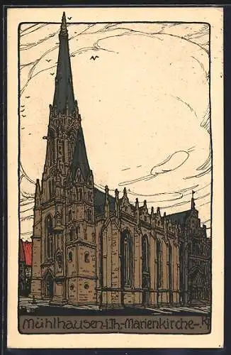 Steindruck-AK Mühlhausen i. Th., Partie an der Marienkirche