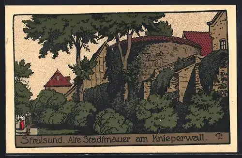 Steindruck-AK Stralsund, Alte Stadtmauer am Knieperwall, Leute