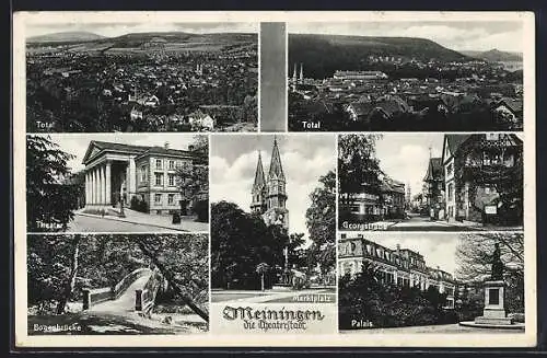 AK Meiningen, Theater, Bogenbrücke und Marktplatz