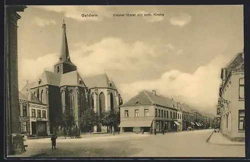 AK Geldern, Kleiner Markt mit Geschäft von F. Wolters und katholischer Kirche