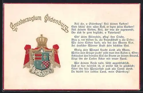 Künstler-AK Oldenburg / O., Wappen Grossherzogtum Oldenburg mit Krone & Versen