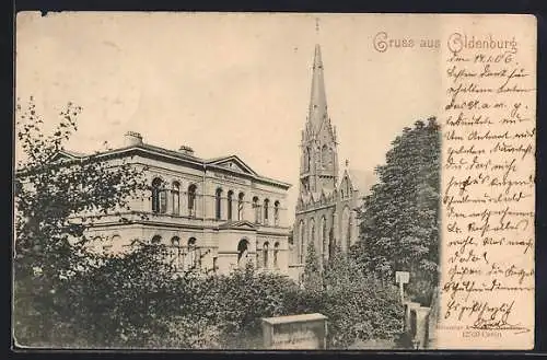 AK Oldenburg / O., Volks-Mädchenschule mit Kirche