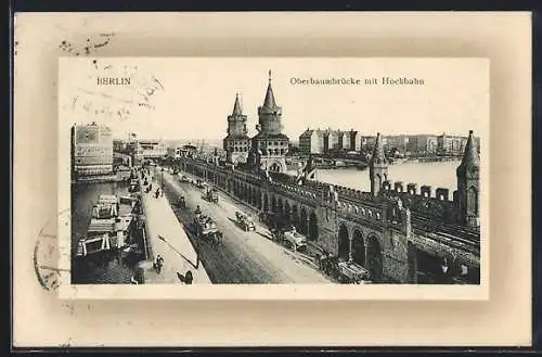 Passepartout-AK Berlin-Friedrichshain, Oberbaumbrücke mit Hochbahn