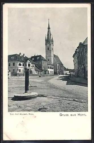 AK Horn, Platzansicht mit Strasse u. Kirche, Hydrant