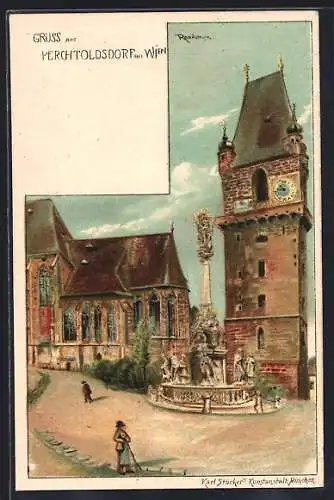 Künstler-AK Perchtoldsdorf, Platz mit Kirche