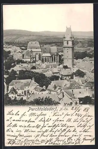 AK Perchtoldsdorf /N.-Oe., Teilansicht mit Turm aus der Vogelschau