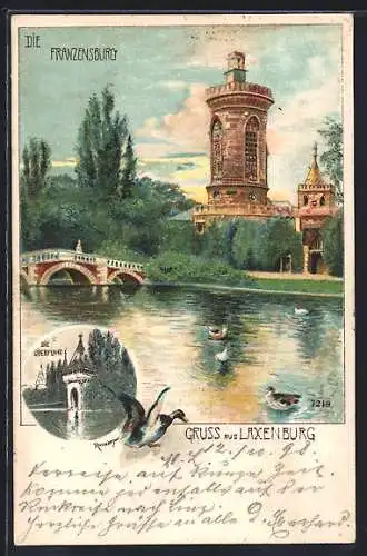 Lithographie Laxenburg, Franzensburg mit Enten, Überfuhr