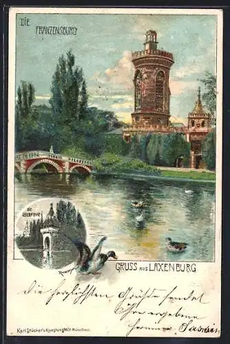 Lithographie Laxenburg, Franzensburg mit Enten, Überfuhr