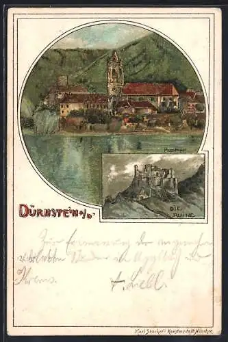 Lithographie Dürnstein an der Donau, Blick zum Ort, die Ruine