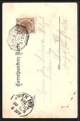Lithographie Dürnstein an der Donau, Blick zum Ort, die Ruine