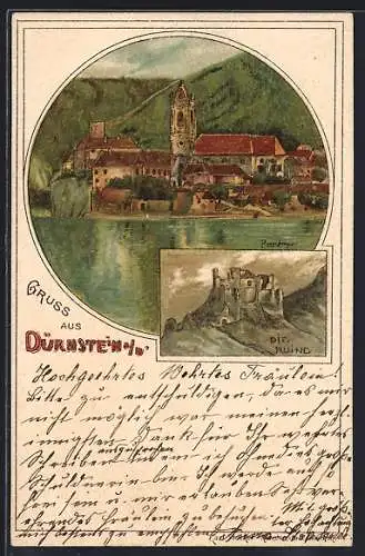 Lithographie Dürnstein an der Donau, Blick zum Ort, die Ruine