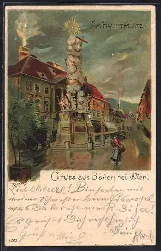 Künstler-AK Baden, am Hauptplatz mit Mariensäule