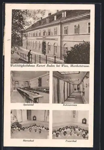 AK Baden bei Wien, Wohltätigkeitshaus mit Marchetstrasse, Speisesaal, Herrenbad, Frauenbad