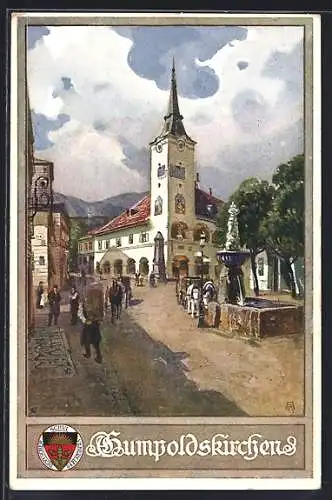 Künstler-AK Gumpoldskirchen, am Brunnen vor der Kirche, Deutscher Schulverein