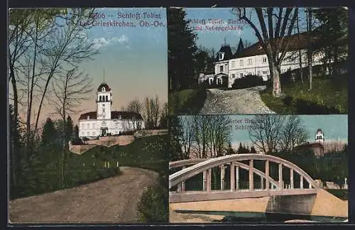 AK Grieskirchen /Ob.-Oe., Schloss Tollet, Einfahrt und Nebengebäude, Tolleter Brücke mit Schlosspark