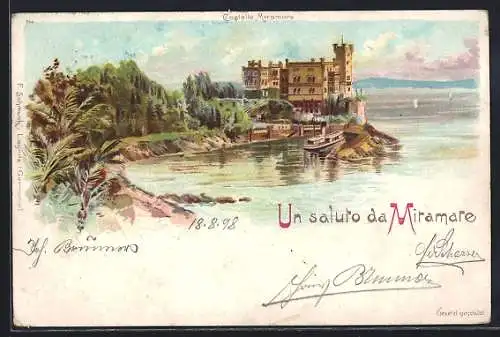 Lithographie Miramare, Blick zum Castello Miramare