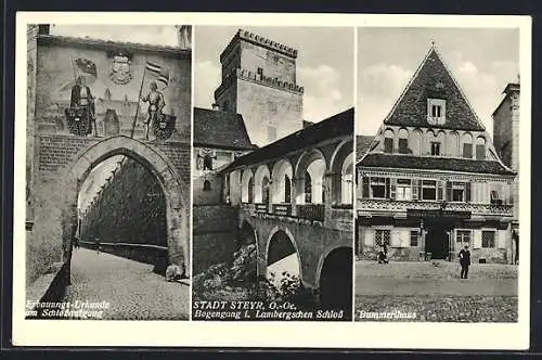 AK Steyr, Bogengang i. Lambergschen Schloss, Erbauungs-Urkunde am Schlossaufgang, Bummerlhaus