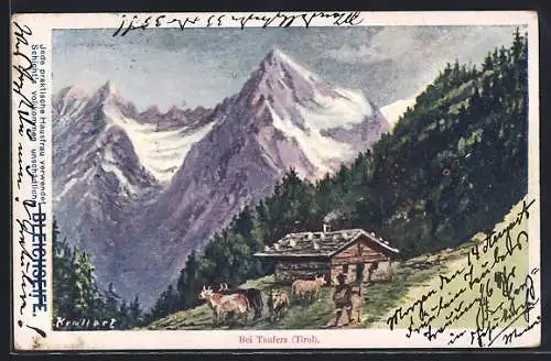 AK Taufers, Ortspartie mit Kühen und Bergen