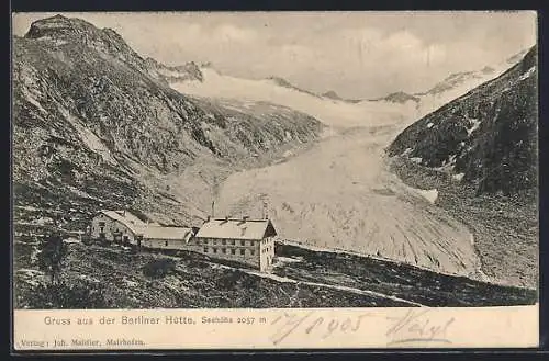 AK Berliner Hütte, Blick hinüber zum Berggasthaus und dem Gletscher