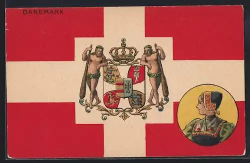 AK dänische Fahne, Wappen, Dänin in Volkstracht