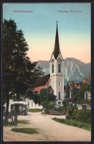 AK Goisern, Ev. Kirche mit blühenden Büschen