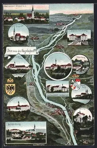 Künstler-AK Eugen Felle: Schärding, Landkarte mit Innverlauf, Schloss Katzenberg, Neuburg, Wallfahrtskirche Kirchdorf