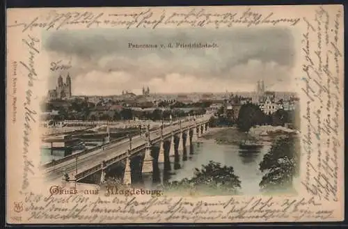 AK Magdeburg, Panorama v. d. Friedrichstadt mit Brücke