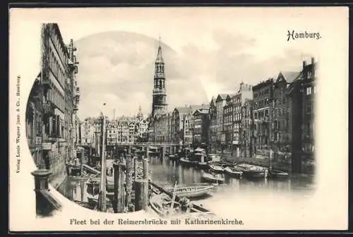 AK Hamburg, Fleet bei der Reimersbrücke mit Katharinenkirche, Ortspartie