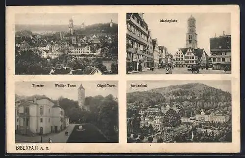 AK Biberach a. R., Marktplatz mit Geschäften, Jordanbad, Theater u. Weisser Turm mit Gigel-Turm