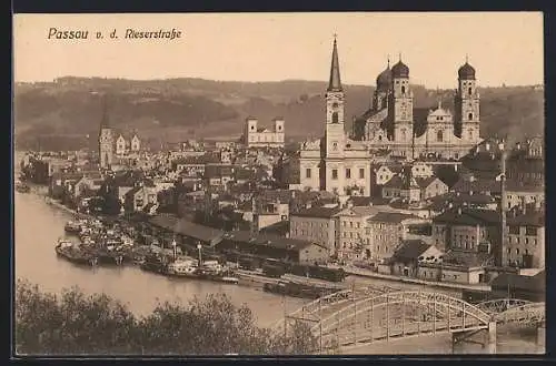 AK Passau, Panorama mit Fluss und Kirchen