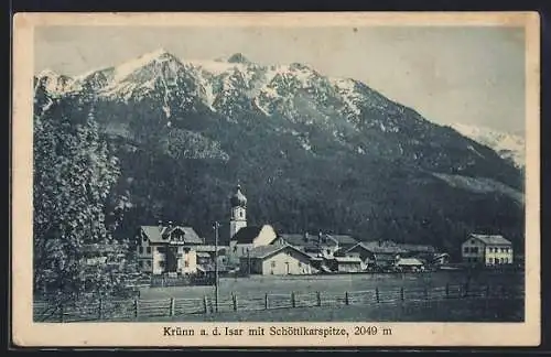 AK Krünn a/Isar, Ortsansicht mit Schöttlkarspitze