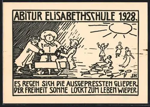 Künstler-AK Abitur Elisabethschule 1928, Schüler erwachen wieder zum Leben