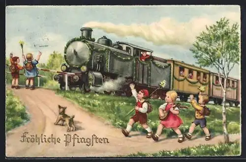 AK Fröhliche Pfingsten, Kinder winken einer Eisenbahn