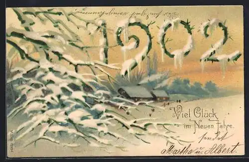 AK Viel im Neuen Jahre, Verschneite Jahreszahl 1902 mit Winterlandschaft