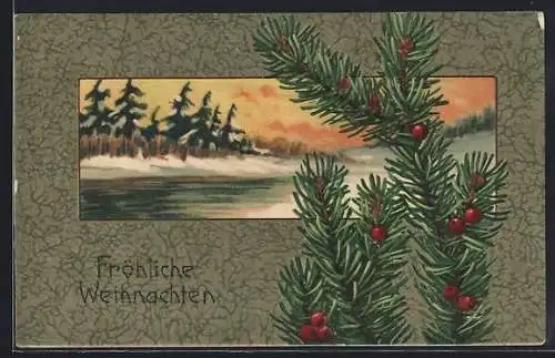 Präge-AK Fröhliche Weihnachten, Winterlandschaft im Tannenzweig-Passepartout