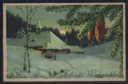 AK Fröhliche Weihnachten, Nächtliche Winterlandschaft mit Kirche