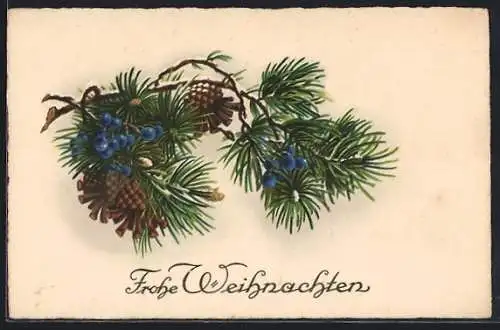 AK Verschneiter Tannenzweig und Beeren mit Weihnachtsgruss