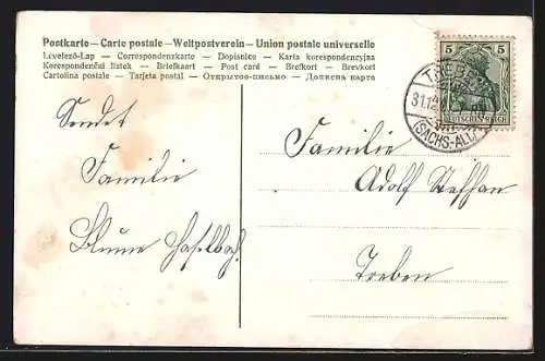 AK Goldene Glocken und Turmuhr im Schnee, Prosit Neujahr