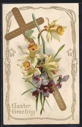 AK Easter Greeting, Goldenes Kreuz mit blühenden Narzissen