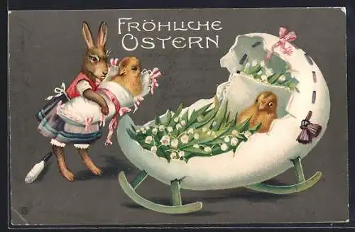 Präge-AK Osterhase mit Osterküken in einer Eierwiege