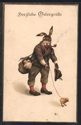 AK Rauchender Osterhase mit Küken an der Leine