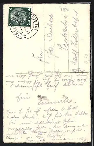 AK Osterküken mit Schirm und Blumenstrauss